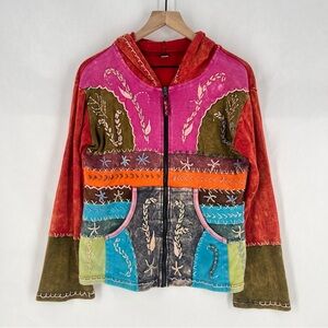 MPC Colorful Patchwork Embroidered Stitching‎ Sip Front Hooded Jacket Artsy